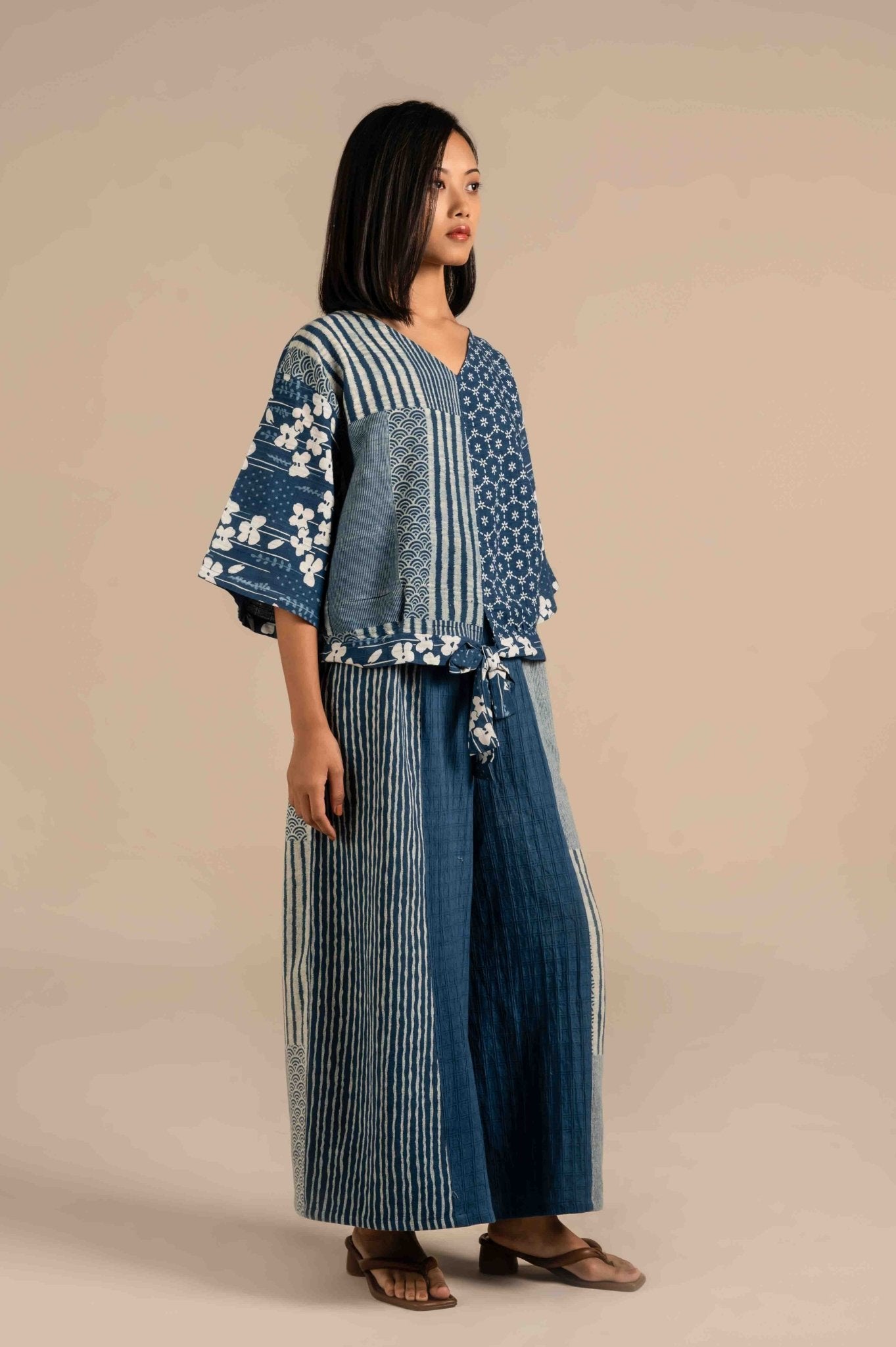 Wide leg indigo dye striped pants - Meiala Official