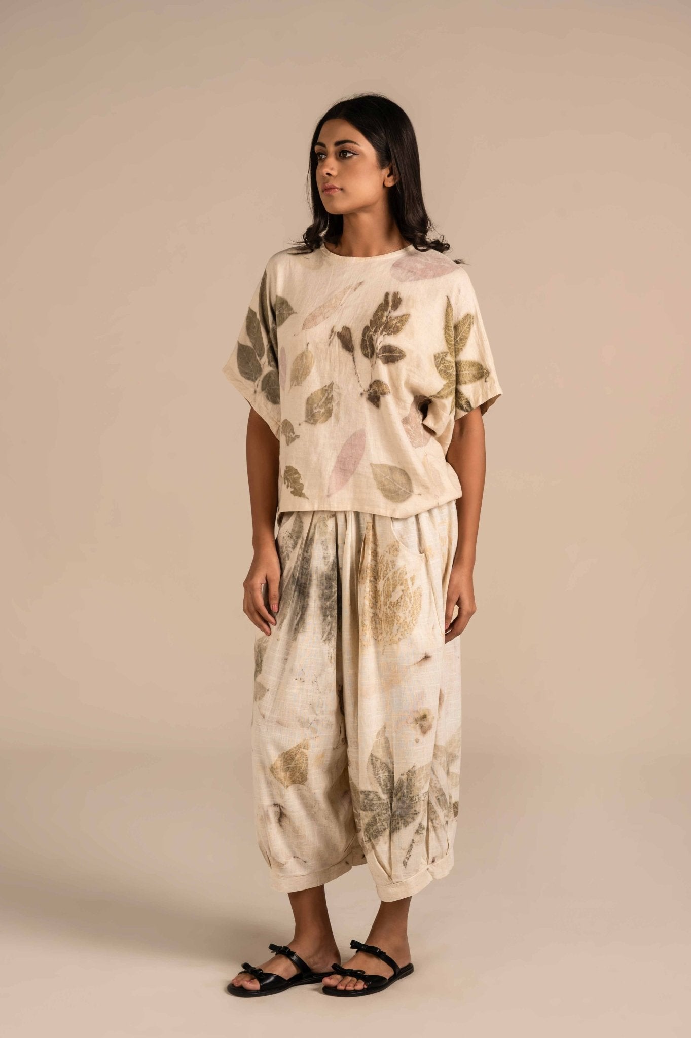Wide leg leaf hammered linen pants - Meiala Official